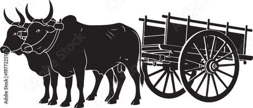 Black oxen, cattle, bulls, vector illustration, farm animals, wagon, cart, black and white