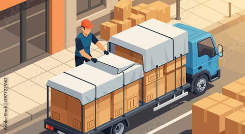 Delivery Man Loading Boxes into Truck.