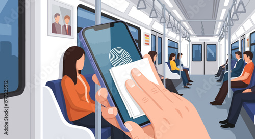 Hand holding smartphone with credit card inside train.