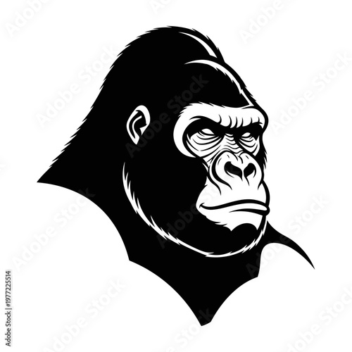 Gorilla Head Silhouette, Powerful Primate, Wildlife Art, Black and White