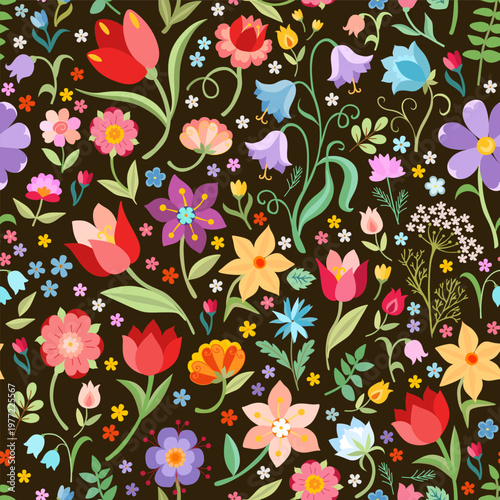Seamless floral pattern with bright colorful flowers on black background. Summer template for fashion prints in vector.	
