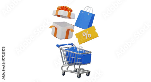 Vector illustration of 3d shopping cart with gift box, shopping bag and discount coupon on a transparent background