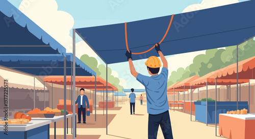 Man Adjusting Market Stall Canopy.