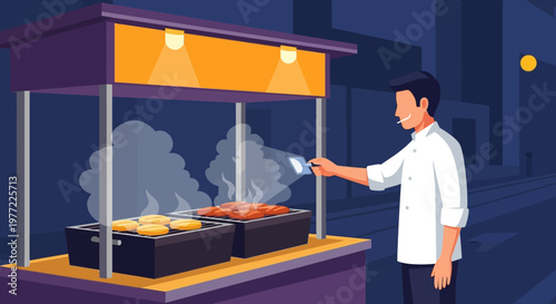 Man Cooking Street Food at Night Stall.