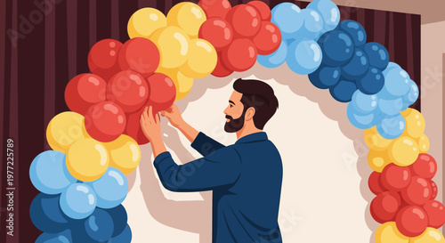 Man Decorating with Colorful Balloons.