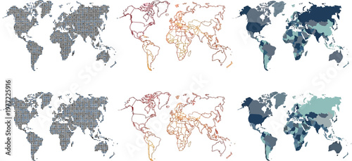 World Map vector illustration graphic collection displaying global geography with continent and country outlines in diverse styles for design.