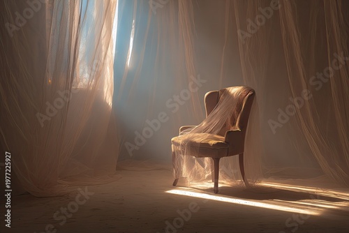 A serene image features a vintage chair, ethereal curtains, and soft sunlight filtering through