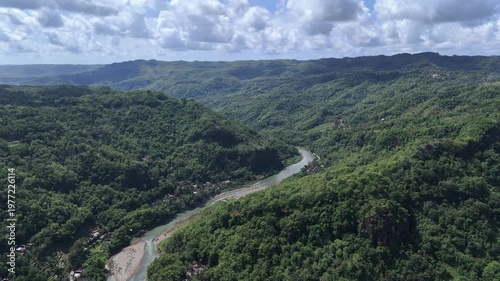 Beautiful tropical landscape of Dlingo hills and pine forest forest in Special Region of Yogyakarta.
