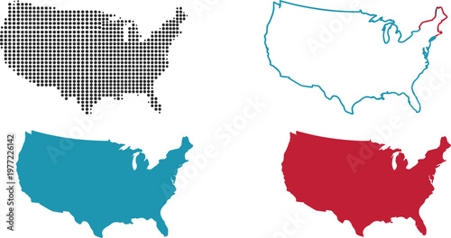 United States map vector collection featuring halftone pattern simple line outline silhouettes and solid shape designs for infographics