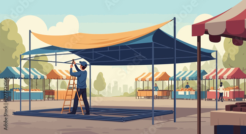 Man Installing Outdoor Event Tent Structure.