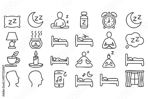 Insomnia and relaxation icons collection for therapy and healthcare UI