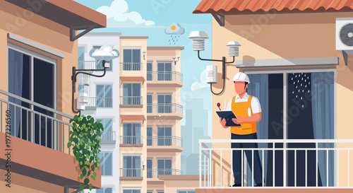 Man Standing on Balcony with Tablet.