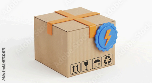 Vector illustration of cardboard delivery box with orange straps and a lightning bolt icon on a transparent background