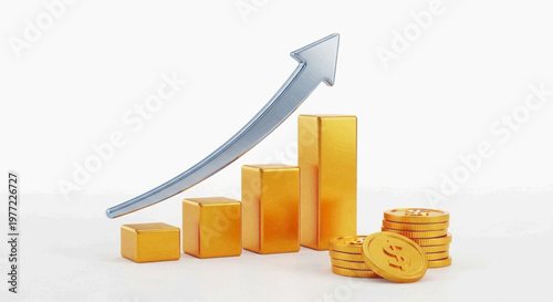Vector illustration of rising golden bar chart with an upward arrow on a transparent background