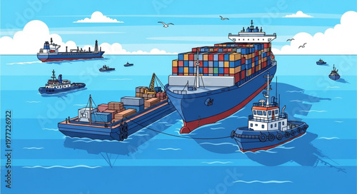 Container Ship and Tugboats in the Ocean Pixel Art.