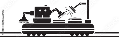 Industrial robot, welding machine, factory automation, manufacturing process, black and white vector