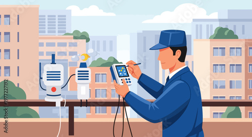 Technician Testing Air Quality with Device.