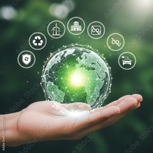 Global Sustainability Concept with Human Hand Holding Glowing Earth and Eco Friendly Icons for Environmental Protection