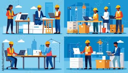 Workers in office and warehouse settings collaborate on projects