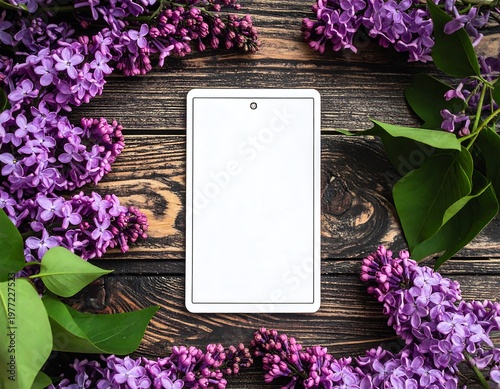 Blank Tag Surrounded by Fresh Lilac Flowers on Rustic Wooden Background.