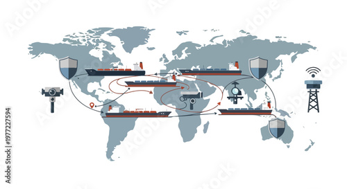 Global energy security and strategic maritime shipping routes illustration with cargo ships