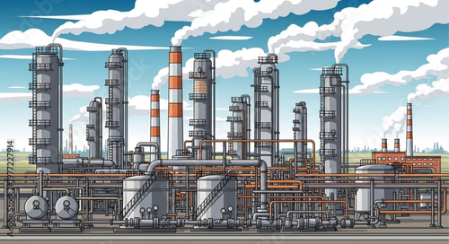 Complex Industrial Plant with Towers and Chimneys Emitting Smoke.