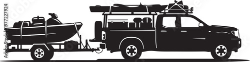 Black silhouette pickup truck, boat trailer, outdoor adventure vehicle, recreational transportation
