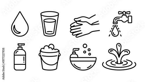 Minimal Water Usage Line Icon Set Hydration, Hygiene, and Daily Water Essentials