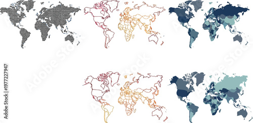 World map vector collection featuring various global chart styles including dotted silhouettes outline regions and colored political country territories
