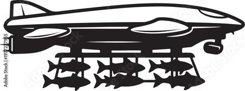 Black and white airplane vector, flying over fish, minimalist illustration, air travel