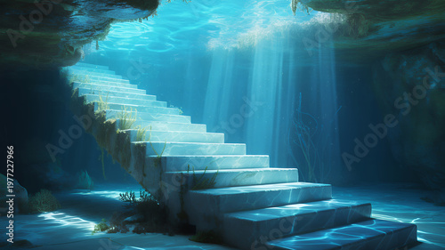 Ancient stone stairs leading into the deep blue underwater cave with shimmering light beams