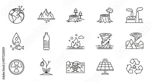 Collection of Environmental Issues and Solutions Icons in Doodle Style.
