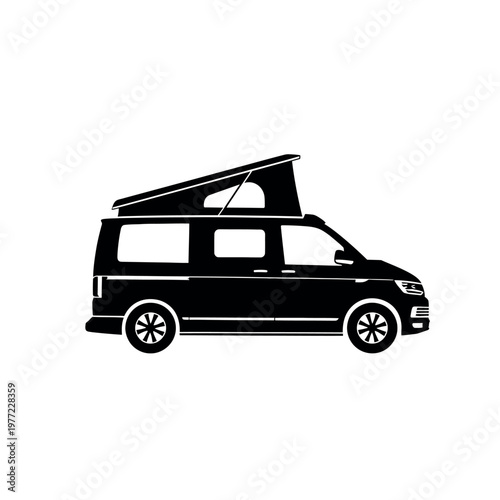 Black camper van with roof.