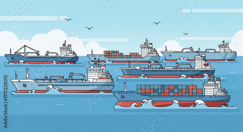 A fleet of cargo ships sailing on the ocean.