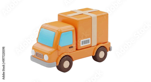 Vector illustration of 3d illustration of a cute orange delivery truck carrying a cardboard box on a transparent background