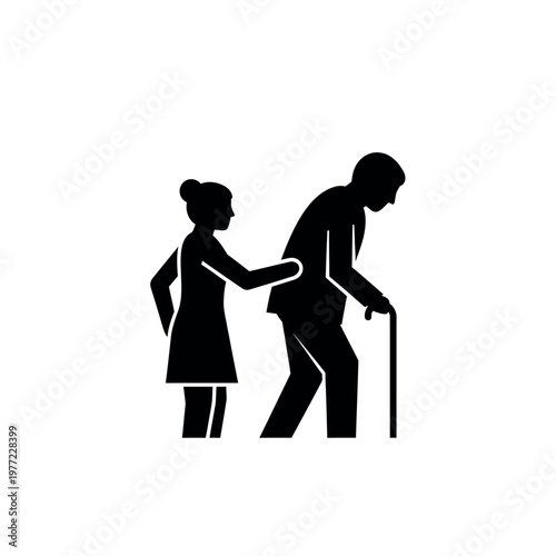 Caregiver assisting elderly man with walking stick.