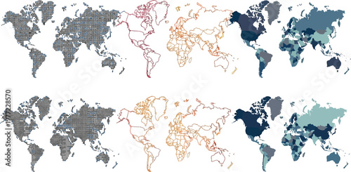 World map vector collection featuring various graphical styles including dotted outlines and colorful political shapes for global business design projects