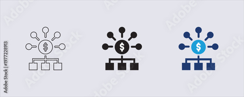 A money management or financial network concept, like fundraising, affiliate marketing, or digital currency. a central dollar sign, funds, different business entities,  branches. development, capital.