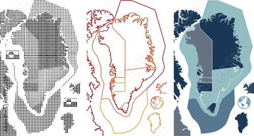 Greenland map set featuring stylized dotted halftone design outline shapes and flat colored regional vector illustration for geographic infographics
