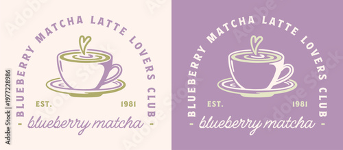 Blueberry matcha latte lovers club aesthetic cup logo green tea flavor label purple illustration girls shirt design. Japanese cafe style warm milk hot drink cute drawing sticker graphic poster print.