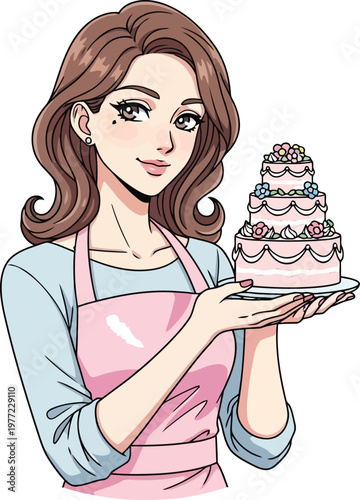 Woman baker presenting a multi tiered decorated cake celebration dessert celebration confection frosting homemade