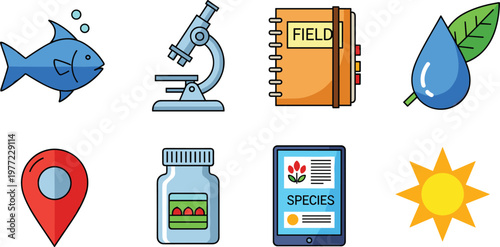 Environmental Science Icon Set for Marine Life, Field Research, Species Documentation, and Water Resources