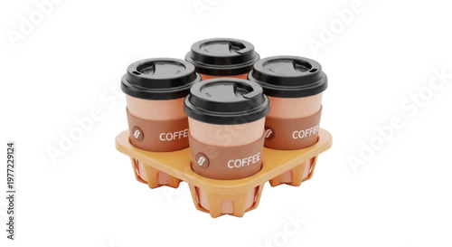 Vector illustration of four takeaway coffee cups in a cardboard carrier on a transparent background