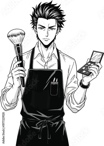 Makeup artist holding professional brush and palette beauty professional at work cosmetic application