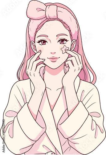 Young woman applying face mask with stars skincare routine self care skincare treatment applying wellness