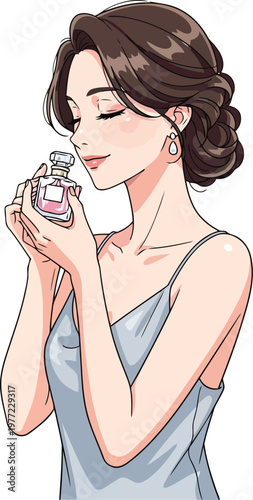 Anime style woman with eyes closed smelling an elegant perfume bottle wearing a silk dress fragrance smelling
