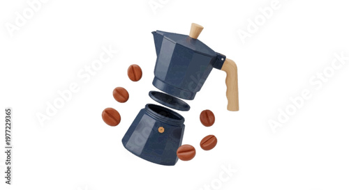 Vector illustration of moka pot coffee maker with coffee beans on a transparent background