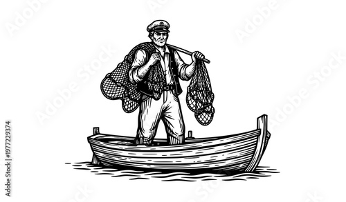 Vintage woodcut fisherman on boat with fishing net engraving style vector illustration