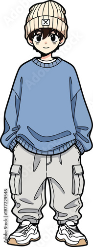Young boy in urban streetwear outfit wearing a beanie hat oversized blue sweater and cargo pants full body shot