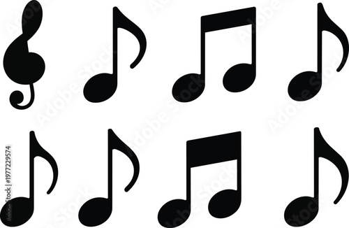 Collection of black musical notes on a for music design